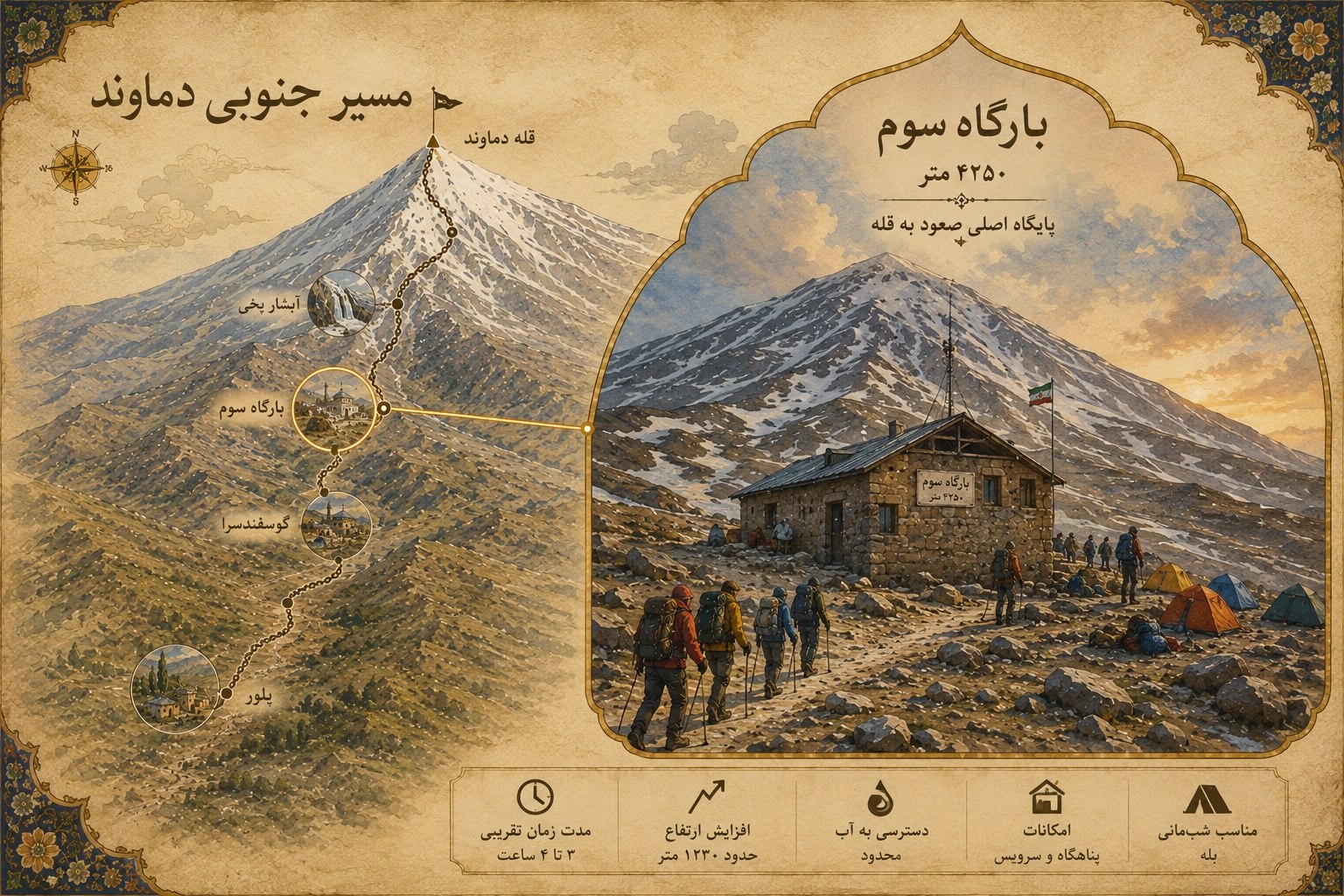 پناهگاه و محل کمپ بارگاه سوم در مسیر جنوبی دماوند همراه با چادرهای کوهنوردان برای هم‌هوایی.