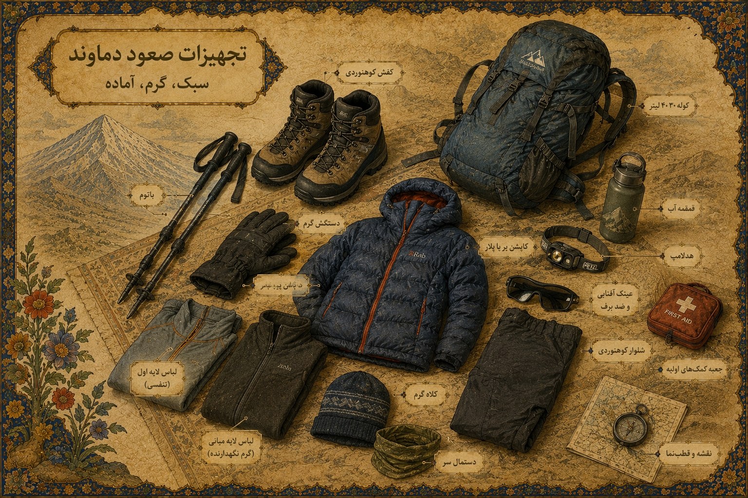 چیدمان تجهیزات ضروری کوهنوردی برای دماوند از جمله باتوم، کفش، کوله‌پشتی، لباس گرم و جعبه کمک‌های اولیه.
