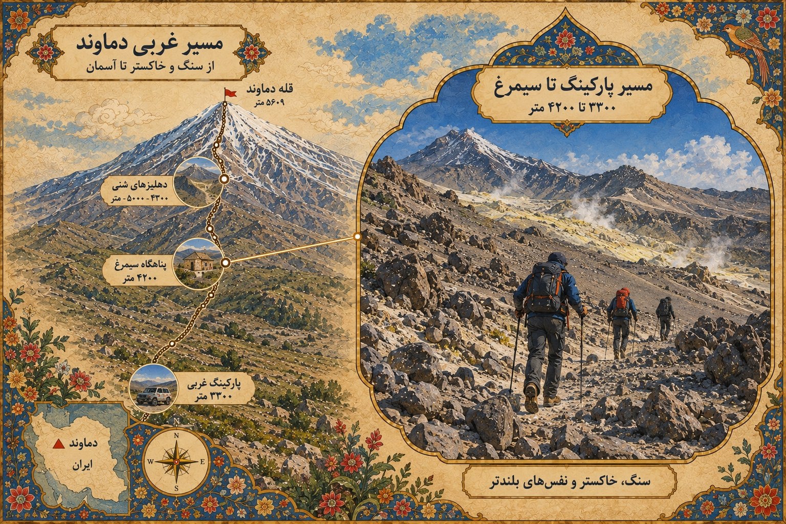 کوهنوردان در حال عبور از مسیر سنگی پارکینگ غربی دماوند به سمت پناهگاه سیمرغ در ارتفاع ۴۲۰۰ متری.
